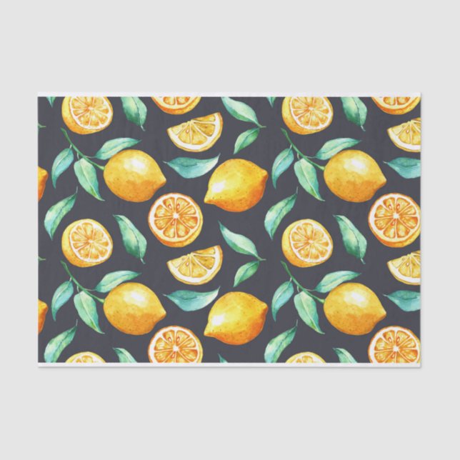 Orange Lemons Green Blätter auf Black Seidenpapier (Vorderseite)