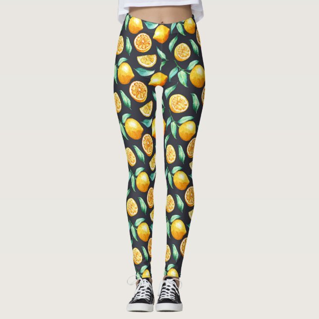 Orange Lemons Green Blätter Black Leggings (Vorderseite)