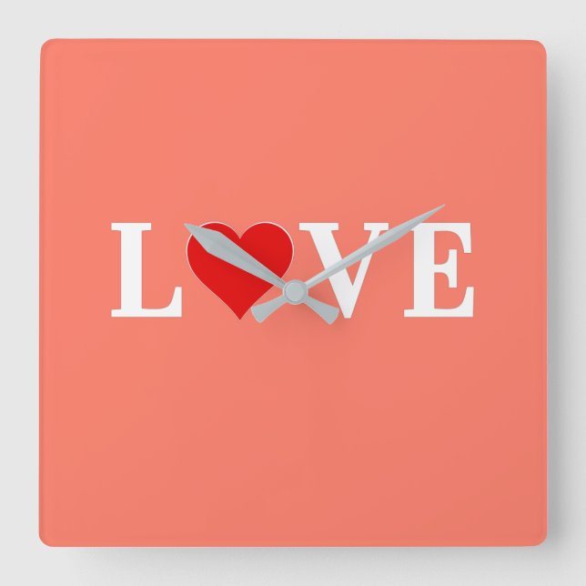 Orange LIEBE und Herz Elegante Romantik Quadratische Wanduhr (Vorderseite)