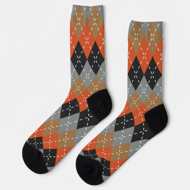 Orange Light Gray Tan Off Black Raute Socken (Linkes Detail)