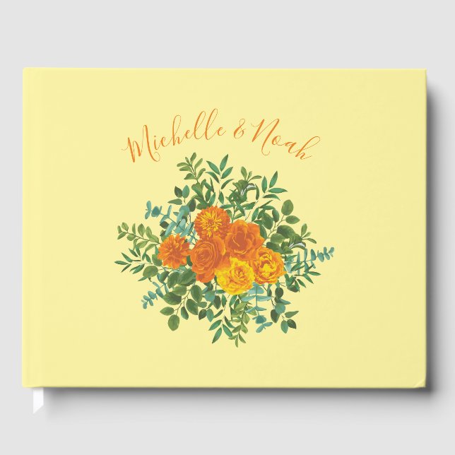 Orange & Light Yellow Peony & Rose Blumenhochzeit Gästebuch (Vorderseite)