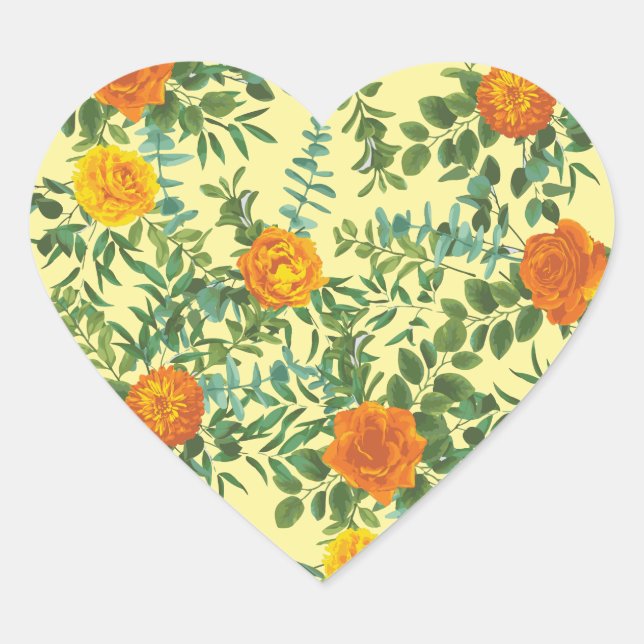Orange & Light Yellow Peony & Rose Blumenhochzeit Herz-Aufkleber (Vorderseite)