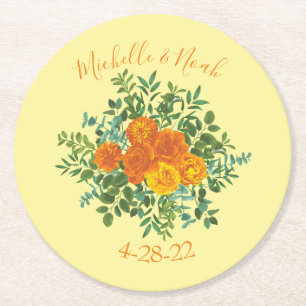 Orange & Light Yellow Peony & Rose Blumenhochzeit Runder Pappuntersetzer