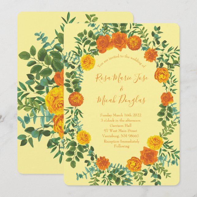 Orange Light Yellow Peony Rose Floral Wedding Einladung (Vorne/Hinten)