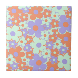 Orange Lila Blau Retro Y2K 70er Blumenmuster Fliese