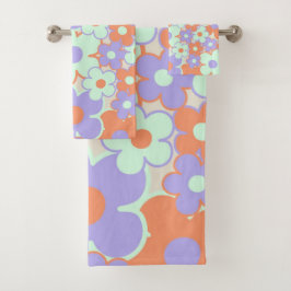 Orange Lila Blue Retro Y2K 70er Blume Muster Badhandtuch Set