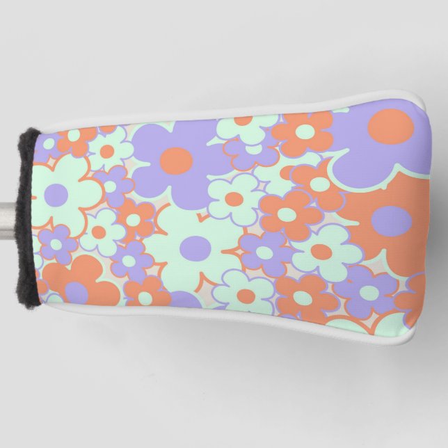 Orange Lila Blue Retro Y2K 70er Blume Muster Golf Headcover (Vorderseite)