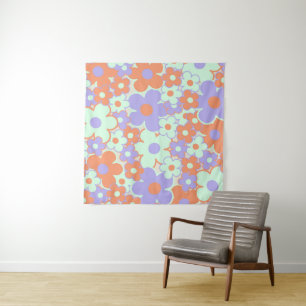 Orange Lila Blue Retro Y2K 70er Blume Muster Wandteppich