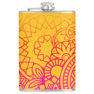 Orange lila Blumen und gelbe Hintergrundflasche Flachmann