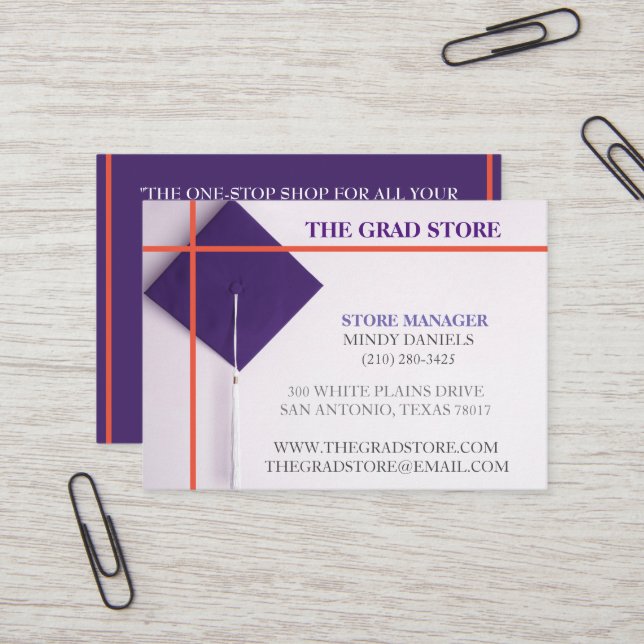 Orange & Lila Graduation Cap für Einzelhändler Visitenkarte (Vorderseite/Rückseite Beispiel)