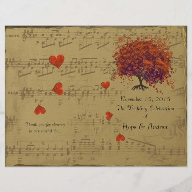 Orange & Lila Heart Leaf Tree Wedding Program (Vorderseite)