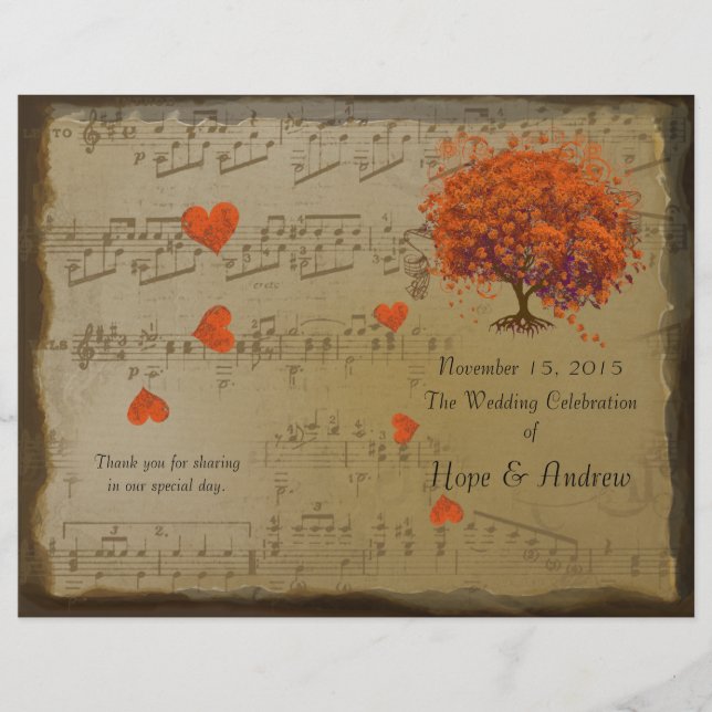 Orange & Lila Heart Leaf Tree Wedding Program (Vorderseite)