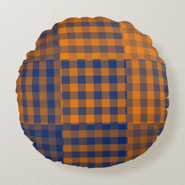 Orange Lila Karo Patchworkmuster Rundes Kissen (Vorderseite)