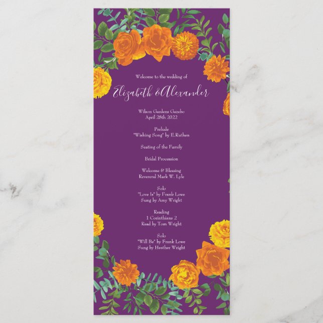 Orange Lila Plum Peony Rose Hochzeitsprogramme Menükarte (Vorderseite)