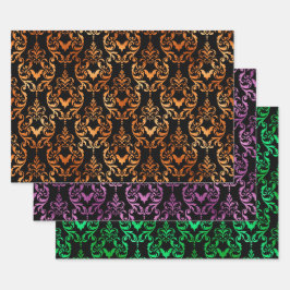 Orange, Lila und Grüne Fledermaus Halloween Damast Geschenkpapier Set