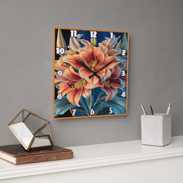 Orange Lilies Bloom auf Blue Quadratische Wanduhr (Büro)