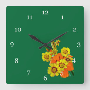 orange lily and daisy flowers quadratische wanduhr
