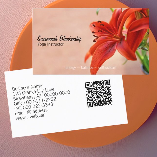 Orange Lily Foto Yoga Instructor QR Code Custom Visitenkarte (business card front and back design with qr code)