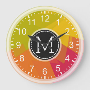 Orange Limette Gelbes Mosaik Modernes Monogramm Große Wanduhr