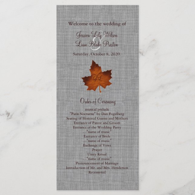 Orange Linen Mit Monogramm Wedding Program Programm (Vorderseite)