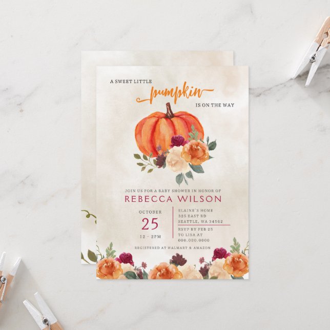 Orange Little Pumpkin Gender Neutral Baby Dusche Einladung (Vorderseite/Rückseite Beispiel)