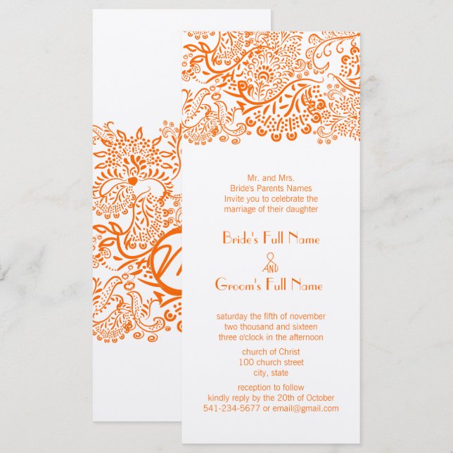 Orange Love Bird Lace Pattern Hochzeit Einladung (Vorne/Hinten)