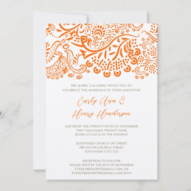 Orange Love Birds Hochzeitseinladung Einladung (Vorderseite)