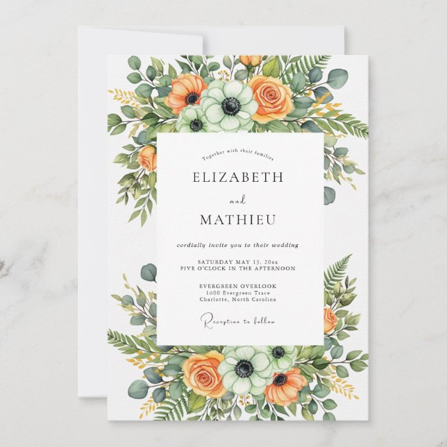 Orange Lush Botanical Wedding Einladung (Vorderseite)