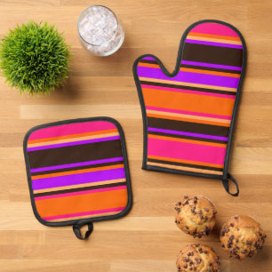 Orange, Magenta & Lila Striped Oven Mitt Set