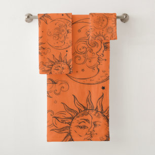 Orange Magie Vintage Himmelszelt Sonne Mond Sterne Badhandtuch Set