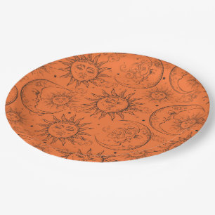 Orange Magie Vintage Himmelszelt Sonne Mond Sterne Pappteller