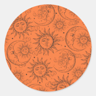 Orange Magie Vintage Himmelszelt Sonne Mond Sterne Runder Aufkleber