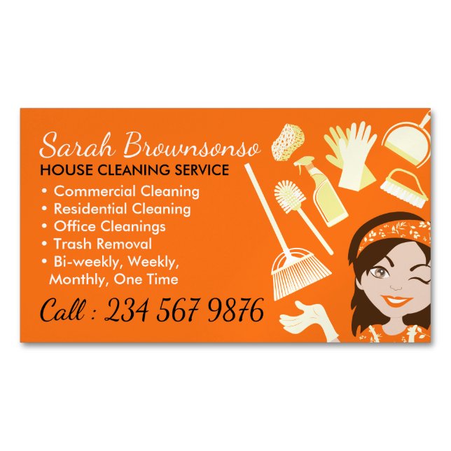 Orange Maid Reinigungsdienst Janitorial Lady Magnetische Visitenkarte (Vorderseite)