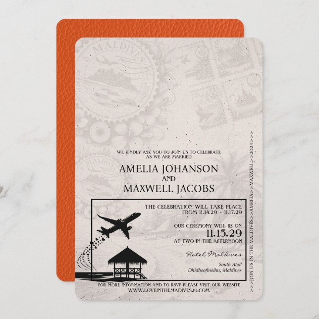 Orange Maldives Passport Wedding Einladung (Vorne/Hinten)