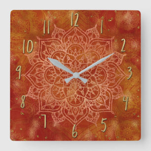 Orange Mandala & Gold Glam Moderne Chic Quadratische Wanduhr