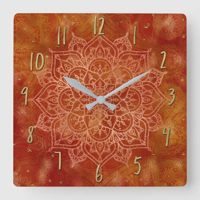 Orange Mandala & Gold Glam Moderner Chic Quadratische Wanduhr (Vorderseite)