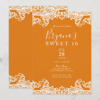 Orange Mango White Lace Elegant Sweet 16 Party Einladung