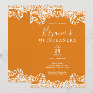 Orange Mango & White Lace Elegante Quinceñera Einladung