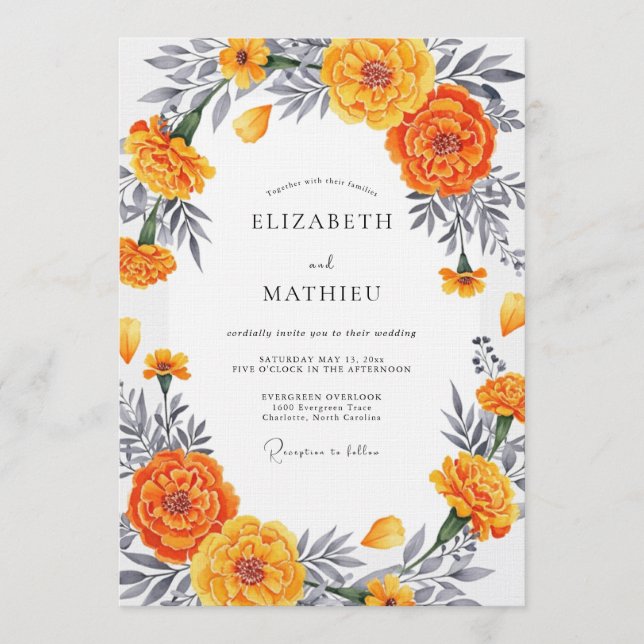 Orange Marigold Bloom Romantic Wedding Einladung (Vorderseite)