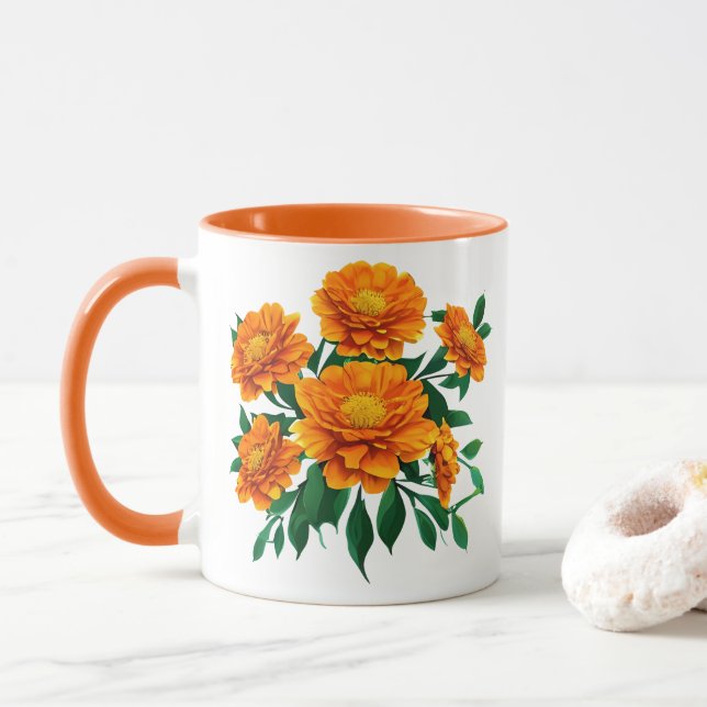 Orange Marigold Bouquet mit grünen Blätter Tasse (Mit Donut)