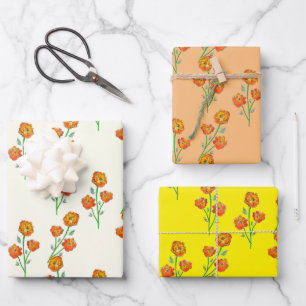 Orange Marigolds Hand-Illustrierte florale botanis Geschenkpapier Set