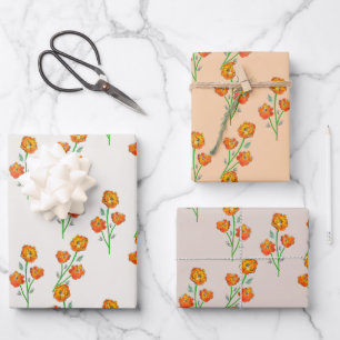 Orange Marigolds Hand-Illustrierte florale botanis Geschenkpapier Set