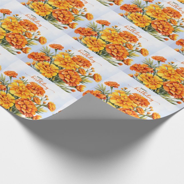 Orange Marigolds in Full Bloom Happy Birthday Geschenkpapier (Ecke)