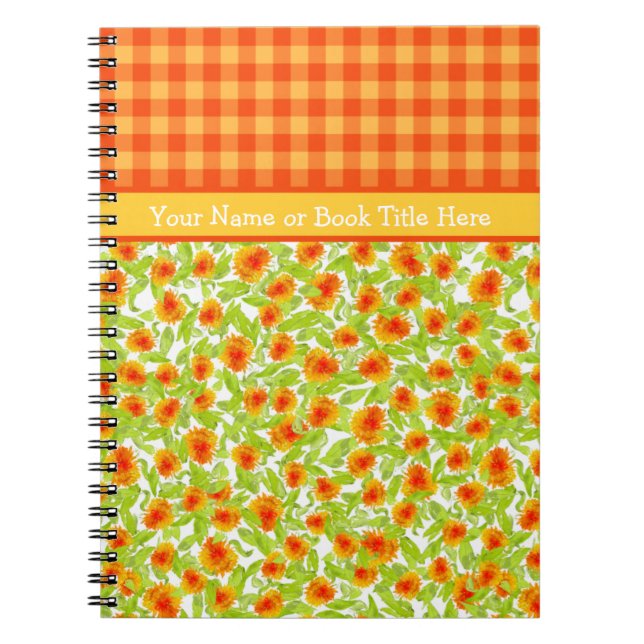 Orange Marigolds und Karo Gingham Spiral Notebook Notizblock (Vorderseite)