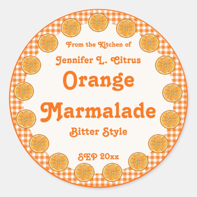 Orange Marmalade auf Gingham Runder Aufkleber (Vorderseite)