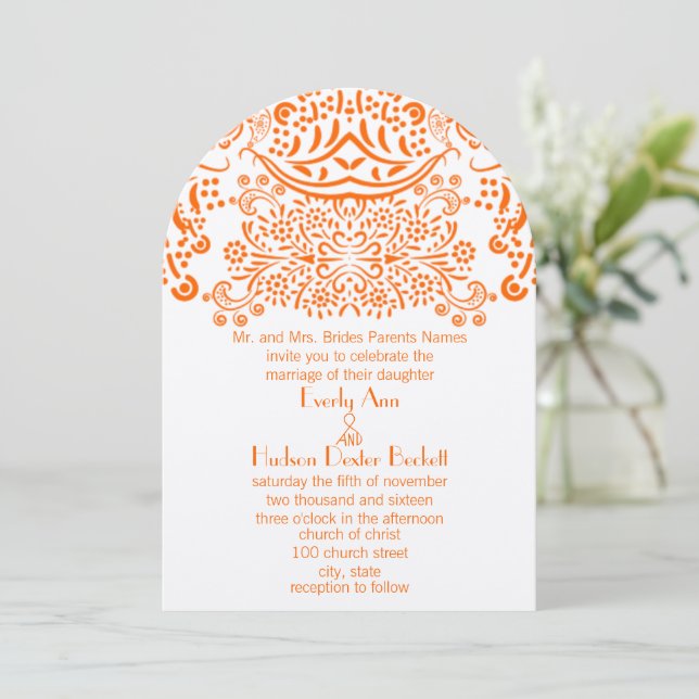 Orange Mehndi Lace Pattern Wedding Einladung (Stehend Vorderseite)