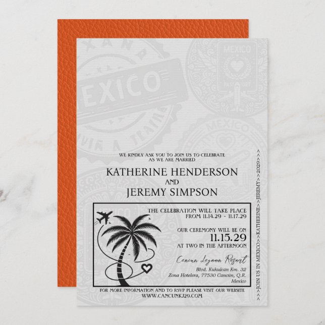 Orange Mexico Passport Wedding Einladung (Vorne/Hinten)
