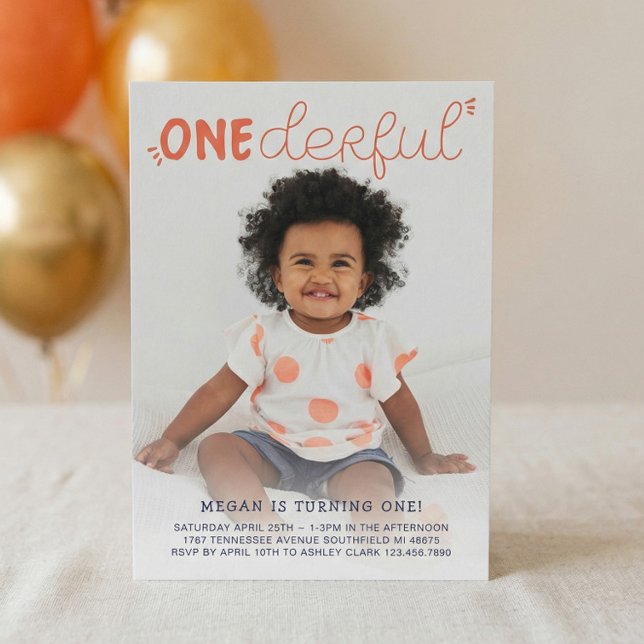 Orange Minimal Foto Geburtstag Einladung (Custom Baby Photo Onederful 1st Birthday Party Invitation)