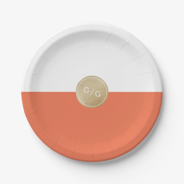 Orange-minimalistische moderne Hochzeitsmonogramm Pappteller (Vorderseite)