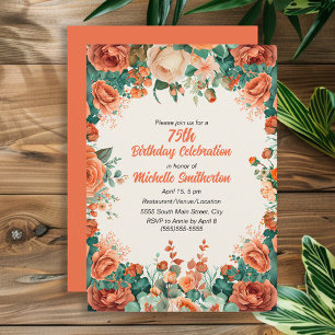 Orange Minz Grün Aquarell Blumen 75. Geburtstag Einladung